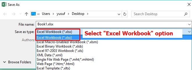 Select "Excel Workbook" from the opened list